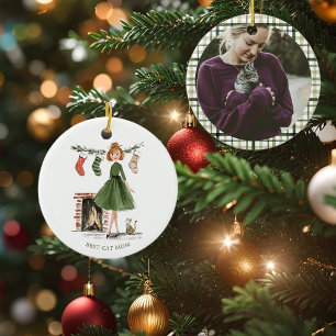 Décoration En Céramique Dame de Noël avec photo personnalisée de chat