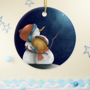 Décoration En Céramique Dark blue sky Snowmen hugging seeing stars