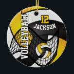 Décoration En Céramique 🏐 de volley-ball jaune or, blanc et noir<br><div class="desc">Volleyball Noël Ornement prêt pour vous à personnaliser. Impressionnez votre joueur de volley-ball avec ce nom do-it-yourself et ce numéro design dans un design jaune, noir et blanc vif. ⭐ Ce Produit est 100% Personnalisable. *****Cliquez sur le BOUTON PERSONNALISER pour ajouter, supprimer, déplacer, redimensionner, modifier, tourner, etc... n'importe quel graphique...</div>