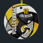 Décoration En Céramique 🏐 de volley-ball jaune or, blanc et noir<br><div class="desc">Volleyball Noël Ornement prêt pour vous à personnaliser. Impressionnez votre joueur de volley-ball avec ce nom do-it-yourself et ce numéro design dans un design jaune, noir et blanc vif. ⭐ Ce Produit est 100% Personnalisable. *****Cliquez sur le BOUTON PERSONNALISER pour ajouter, supprimer, déplacer, redimensionner, modifier, tourner, etc... n'importe quel graphique...</div>