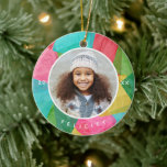 Décoration En Céramique Découpage Faux coloré Photo Noël<br><div class="desc">Ajoutez une amusante pop de couleur à votre sapin de Noël avec cette photo ornement de Noël, avec un motif coloré de papier de tissu de fausse découpage en rouge, vert, citron vert, bleu aqua, rose et jaune doré. Customisez-le avec le nom de votre enfant, l'année et les photos -...</div>
