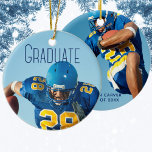 Décoration En Céramique Découpe de script bleu Gradué 2 Photo personnalisé<br><div class="desc">Un diplômé écrit en haute typographie bleue sur votre photo portrait senior fait un simple ornement de maintien de diplôme pour un joueur de football sur une équipe sportive. Customisez avec votre nom et le lycée ou la classe universitaire de 2023 et ajoutez une 2ème photographie au dos de ce...</div>