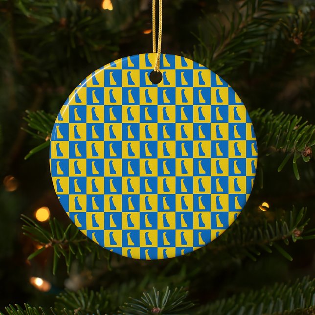 Décoration En Céramique Delaware Checker Blue Gold Yellow Pattern (An ornament with a pattern of Delaware done in blue and gold yellow.)