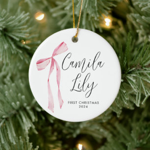 Décoration En Céramique Délicat Pink Bow Baby Girl First Christmas