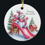 Décoration En Céramique Délicieux Pink Snowman Playground Amusant<br><div class="desc">Un ravissant petit bonhomme de neige habillé d'accessoires roses sur un toboggan d'aire de jeux rose vif. Arbres de Noël ornés de décorations dans un décor enneigé. Le message dit "Je suis en train de faire de la neige beaucoup de plaisir. Ajoutez cet ornement à votre décor de Noël rose....</div>