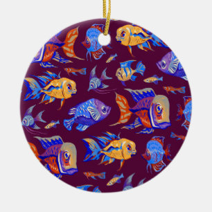 Décoration En Céramique Des poissons tropicaux amusants sur le violet fonc