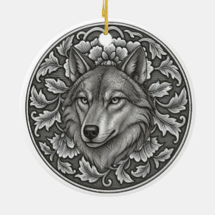 Décoration En Céramique Dessin de tête de loup floral gravé vintage 