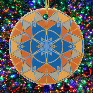 Décoration En Céramique Dessin Mandala bleu orange et jaune