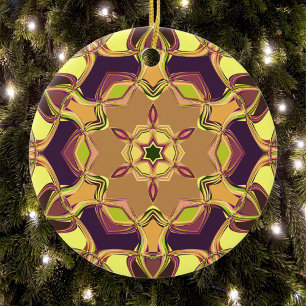 Décoration En Céramique Dessin Mandala Fleur jaune violet et orange