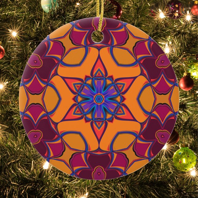 Décoration En Céramique Dessin Mandala Fleur orange violet et bleu (Créateur téléchargé)