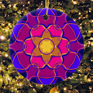Décoration En Céramique Dessin Mandala Flower jaune rose et bleu