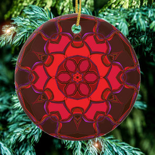 Décoration En Céramique Dessin Mandala Flower rouge rose et violet