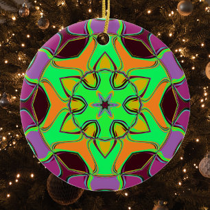 Décoration En Céramique Dessin Mandala Flower vert orange et violet