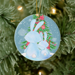 Décoration En Céramique Deux mignons lapins de lapin Arbre de Noël en neig