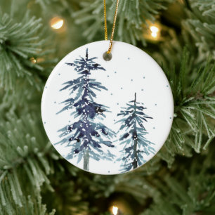 Décoration En Céramique Deux pins d'hiver aquarelle 2 étiquettes cadeaux