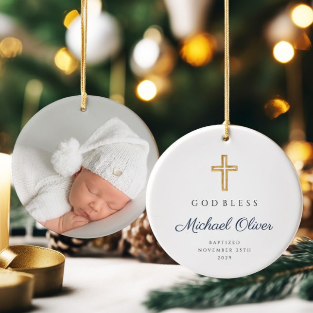 Décoration En Céramique Dieu moderne bénisse la Croix Religieuse Baptême (Modern God Bless Religious Cross Baptism Ceramic Ornament)