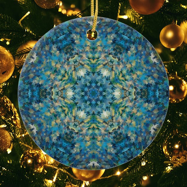 Décoration En Céramique Digital Mandala bleu blanc et jaune (Créateur téléchargé)