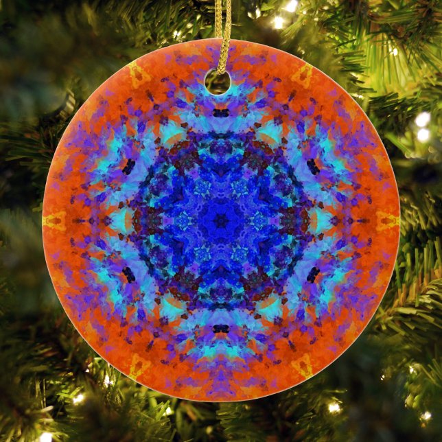 Décoration En Céramique Digital Mandala Blue et Orange (Blue and Orange Digital Paint Mandala Ornament by Wormhole Orbital)