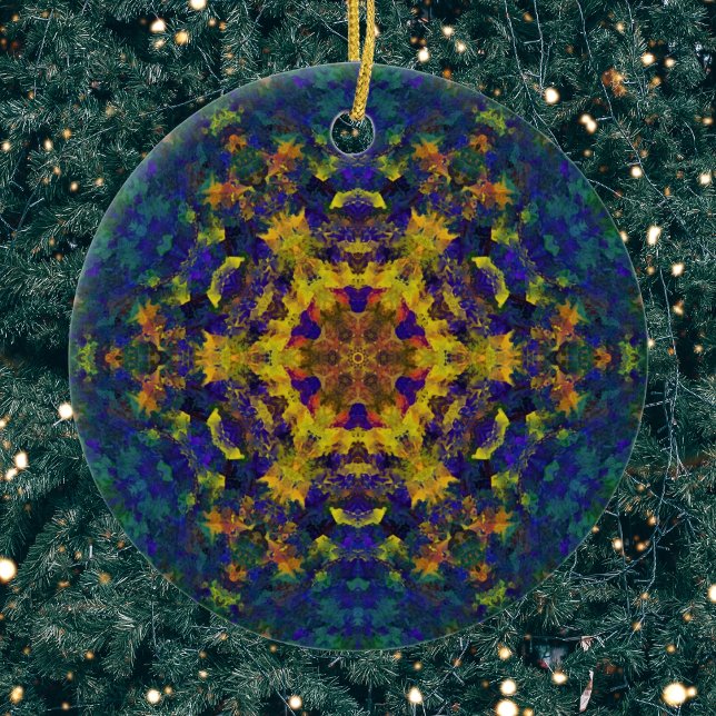 Décoration En Céramique Digital Mandala jaune bleu et vert (Yellow Blue and Green Digital Paint Mandala Ornament by Wormhole Orbital)