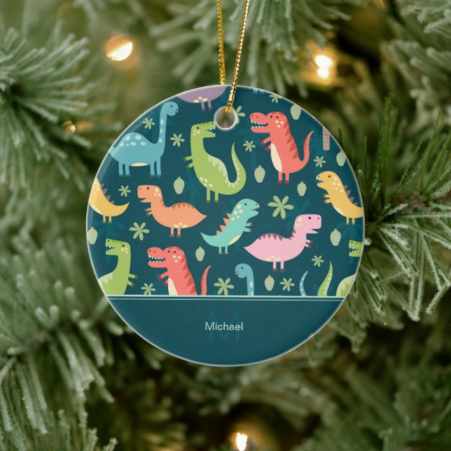 Décoration En Céramique Dinosaur Motif Bleu Enfant Monogramme Garçon Noël (Arbre)