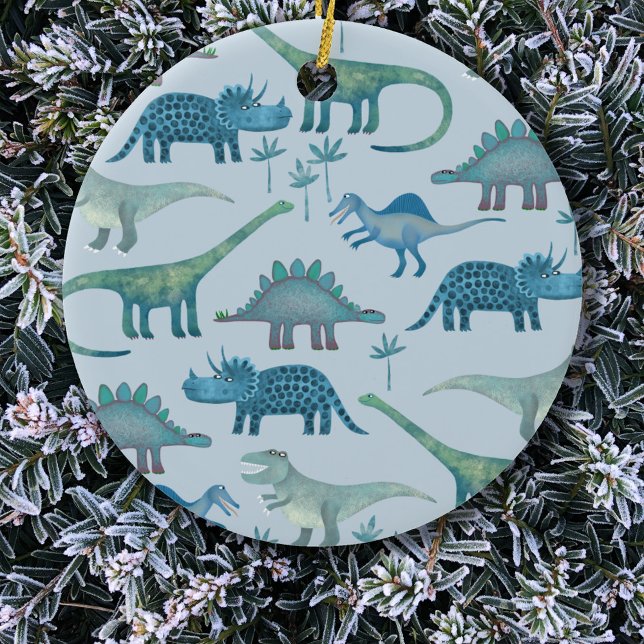 Décoration En Céramique Dinosaures Bleu (Fun blue dinosaur pattern Christmas ornament)