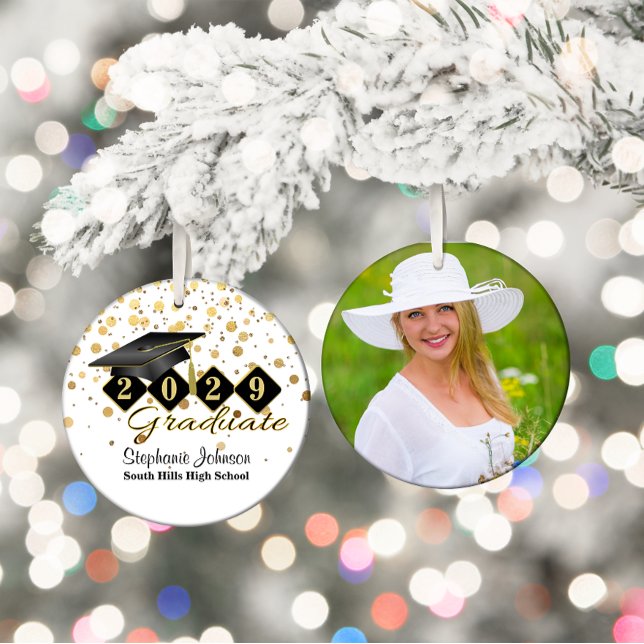 Décoration En Céramique Diplôme noir et or photo (Graduation Black and Gold Photo Ceramic Ornament)