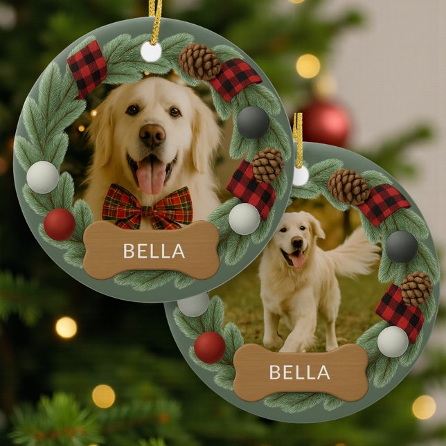 Décoration En Céramique Dog Name Photo Holiday Christmas Wreath (Créateur téléchargé)