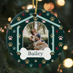 Décoration En Céramique Dog Paw Print Pattern Custom Name Dog House Photo<br><div class="desc">Customize this fun and unique multi-colored pet paw print pattern ornament design featuring two photos. Design features a dog house design with the door of the dog house featuring your custom pet's photo. Personalize the white dog bone with the pet's name. This is a fun keepsake gift to celebrate your...</div>