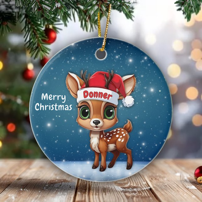 Décoration En Céramique Donner Cute Whimsical Reindeer Graphic Unique🦌 🎄 (Personalizable Cute Whimsical Reindeer Graphic, Snowy Deer illustration, Blue Festive Ornament 🦌🎄)