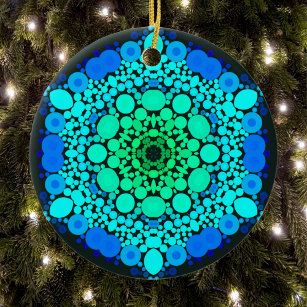 Décoration En Céramique Dot Mandala Flower bleu et vert