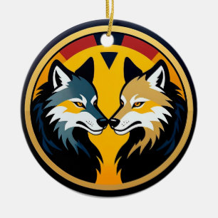 Décoration En Céramique Double Logo Emblème Loup Avec Cercle Doré