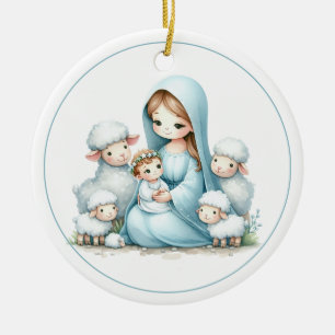 Décoration En Céramique Douce Nuit – Bébé Jésus et Agneaux