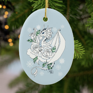 Décoration En Céramique Dragon de glace élégant blanc Roses bleues Fantais