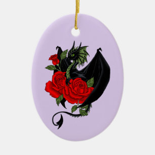 Décoration En Céramique Dragon Noir Mystique Roses Rouges Lavande Gothique
