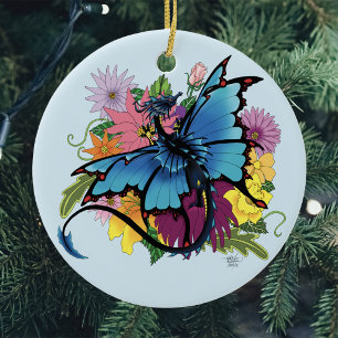 Décoration En Céramique Dragon papillon bleu aux fleurs colorées