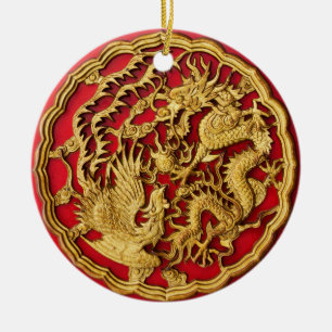 Décoration En Céramique Dragon Phénix Rouge Or Cadeau de Mariage Chinois