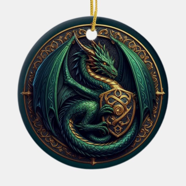 Décoration En Céramique Dragon vert avec Bouclier (Devant)