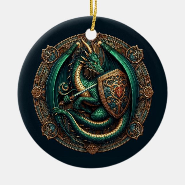 Décoration En Céramique Dragon vert avec épée (Devant)