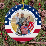 Décoration En Céramique Drapeau américain patriotique Personnalisé 2 Photo<br><div class="desc">Le drapeau américain ornement de Noël. Cette ornement patriotique étoiles et rayures du drapeau américain de noël sera un souvenir précieux. L'ornement est double face, vous pouvez faire 2 photos préférées, une de chaque côté. Parfait pour les militaires, les familles patriotiques et tous ceux qui aiment le drapeau américain. Personnalisez...</div>