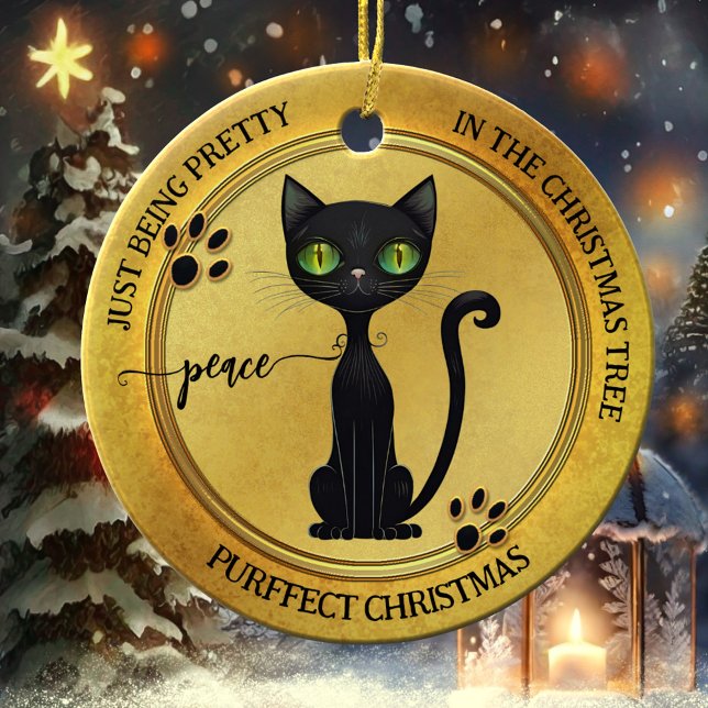 Décoration En Céramique Drôle joli Noir Kitty Or Noël (Elegant artistic Christmas ornament featuring a cute black kitty on pretty gold)