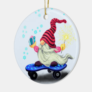 Décoration En Céramique Drôle Noël Ornament Patineur Gnome avec cadeaux