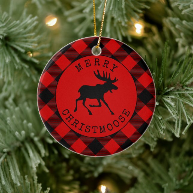 Décoration En Céramique Drôle Rustique Joyeux Christmoose Rouge Plaid (Arbre)