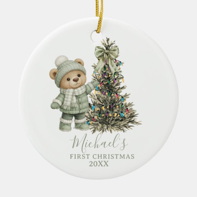 Décoration En Céramique Dusty Green Sage Baby Bear First Christmas (Devant)
