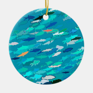 Décoration En Céramique École de Poissons, Turquoise, Bleu et Aqua