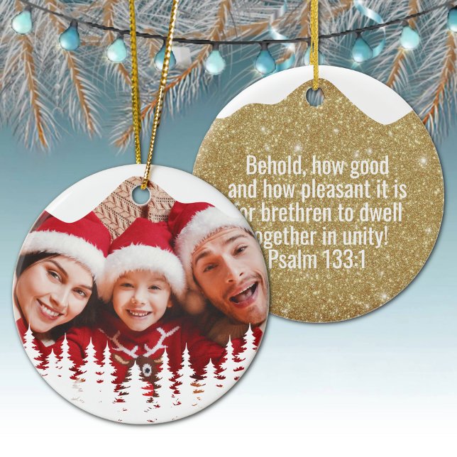 Décoration En Céramique Écriture chrétienne religieuse Passage divin ⛪️ 🎄 (Custom image God Gospel Psalm 133:1 Religious Holiday Ceramic Devotional Ornament golden sparkle 🌲✞)
