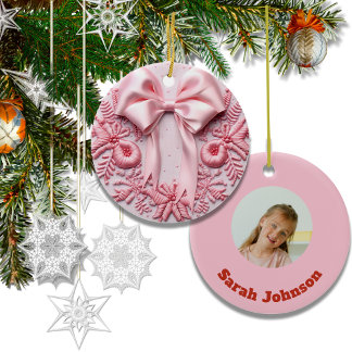 Décoration En Céramique Effet Broderie Bow de Noël Nom photo personnalisé