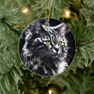 Décoration En Céramique Élégance en Whiskers : Chat Abstrait argent et noi