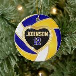 Décoration En Céramique Elégant Bleu, Blanc et Or 🏐 Volley<br><div class="desc">Doté d'un ornement de Noël de volley-ball bleu, or et blanc aux accents dorés et d'un espace en forme de coeur prêt à être personnalisé. Faites un merveilleux cadeau personnalisé pour votre joueur de volley, entraîneur, ventilateur, etc... ⭐ Ce Produit est 100% Personnalisable. Les graphiques et le texte peuvent être...</div>