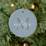 Décoration En Céramique Élégant Bleu Script Monogramme Nom Noël<br><div class="desc">Élégant Bleu Gold Script Personnalisé Monogramme Nom Ornement de Noël</div>