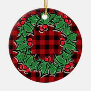 Décoration En Céramique Élégant classique de Noël Red Plaid Holly baies
